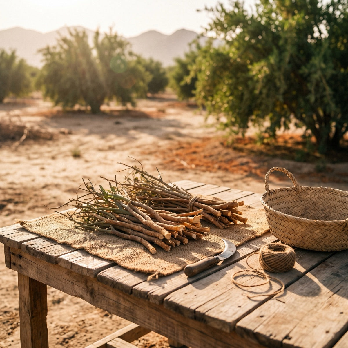 Hand-cut miswak sticks on a wooden table at a Pakistan family farm